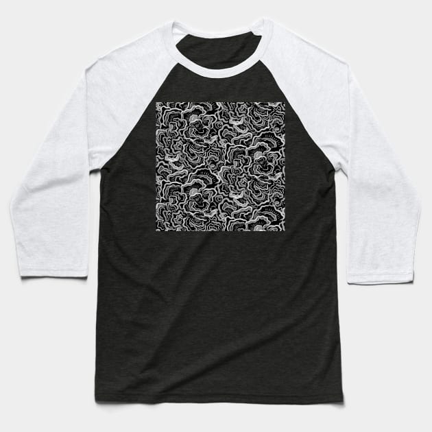Black and White Mushroom Texture Baseball T-Shirt by Carolina Díaz